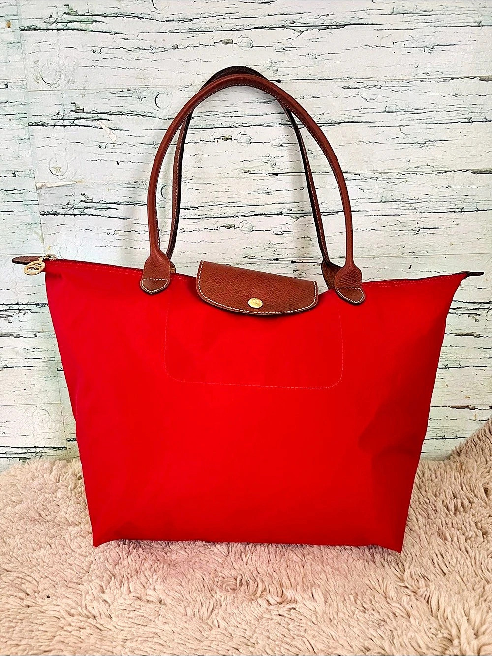 Longchamp Red Tote Bag – Brown Leather Trim – Spacious Everyday Bag - Picture 11 of 16